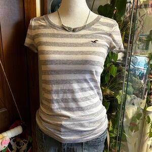 Y2K Hollister Striped T Shirt Women's Size S Gray White Short Sleeve